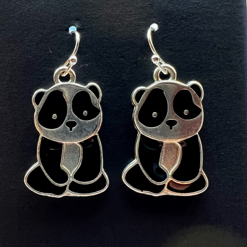 Panda earrings, silver tone